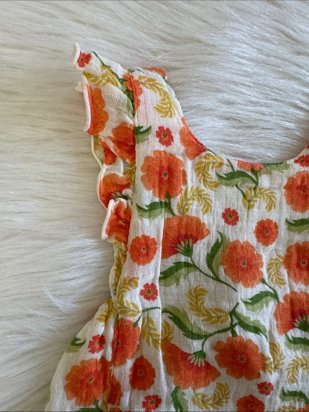 Angel Dear Muslin Orange Marigold Ruffle Sun Bubble Baby Romper Size 6-12 Month